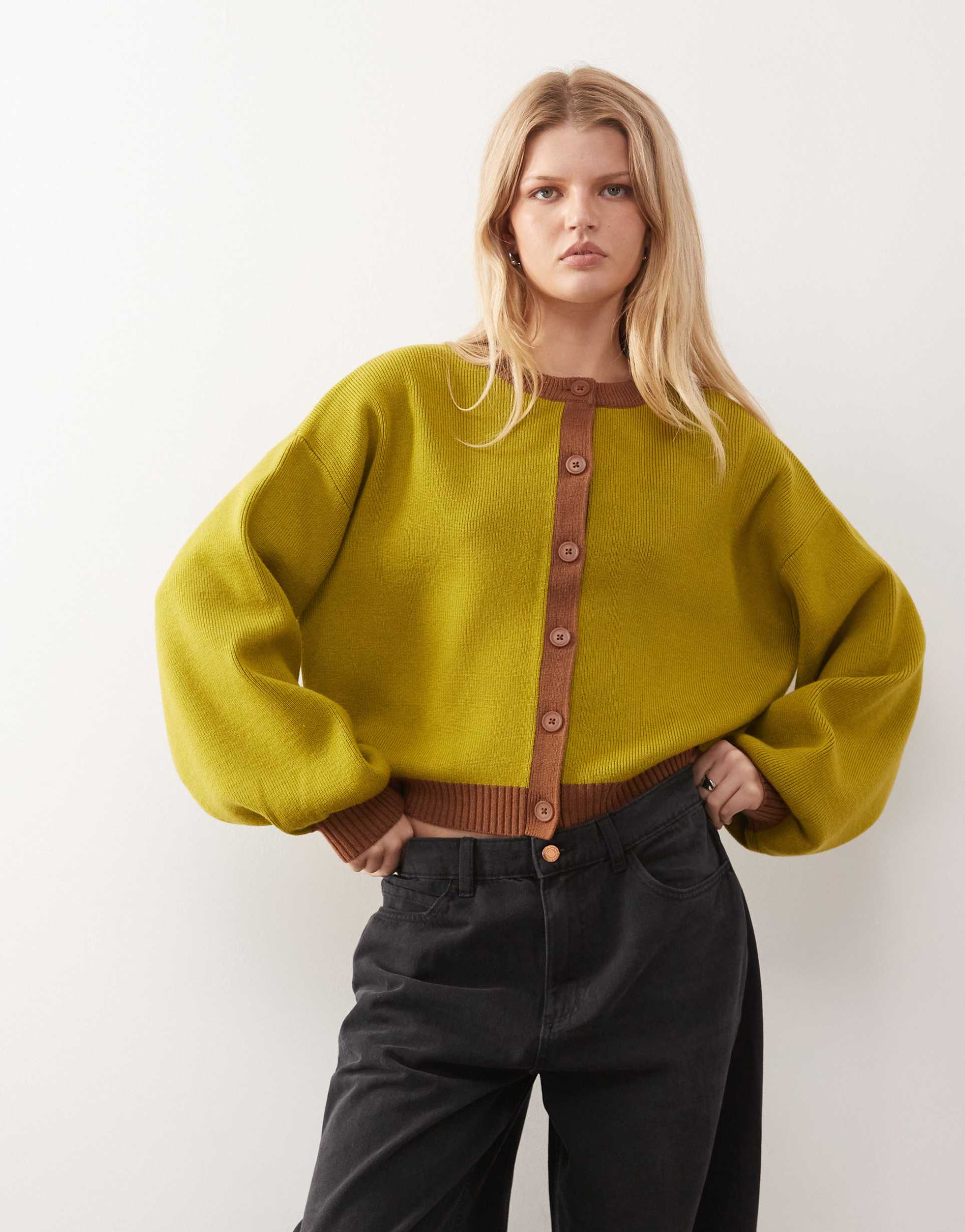 reclaimed vintage color block boxy cardigan with cocoon sleeve detail in olive green and brown