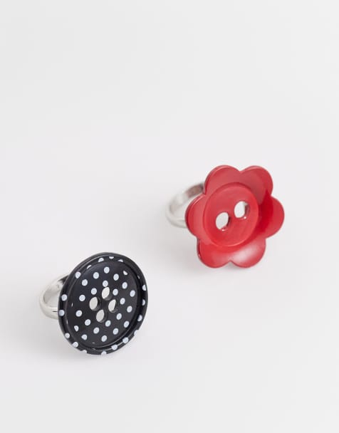 Reclaimed Vintage - Confezione da 2 anelli con bottone rosso e a pois - view 1