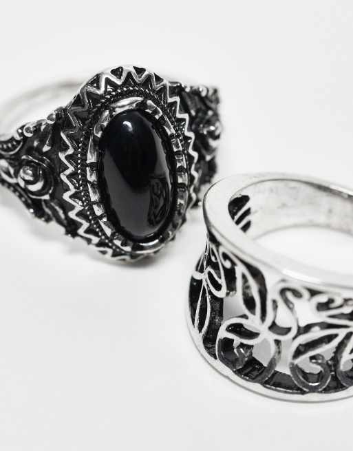 Reclaimed Vintage - Confezione da 2 anelli unisex con pietra sintetica nera, 3 di 3