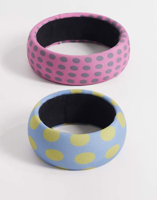 Reclaimed Vintage - Confezione da 2 bracciali rigidi in tessuto a pois multicolore, 1 di 3