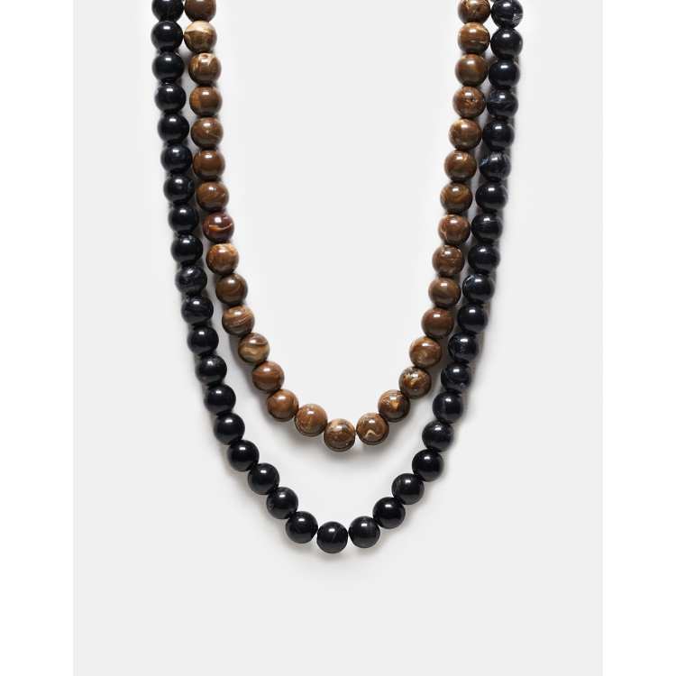 Collana Tribale Unisex – Cuoio Nero E Canapa Marrone Con Perla In Porcellana, Legno E Metallo – Regolabile 37 Cm