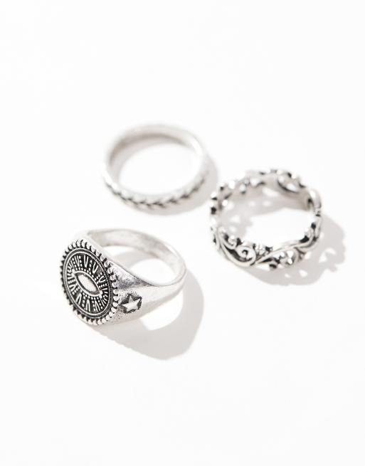 Reclaimed Vintage - Confezione da 3 anelli unisex color argento brunito