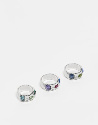 Reclaimed Vintage - Confezione da 3 anelli unisex color argento con pietra