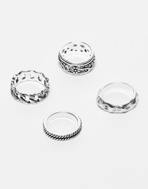 Reclaimed Vintage - Confezione da 4 anelli unisex color argento