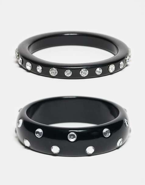 Reclaimed Vintage - Confezione multipack di bracciali rigidi neri con strass - view 1