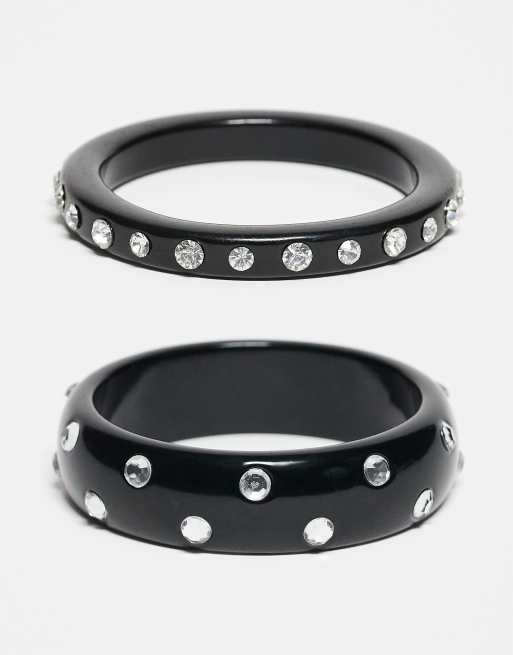 Reclaimed Vintage - Confezione multipack di bracciali rigidi neri con strass