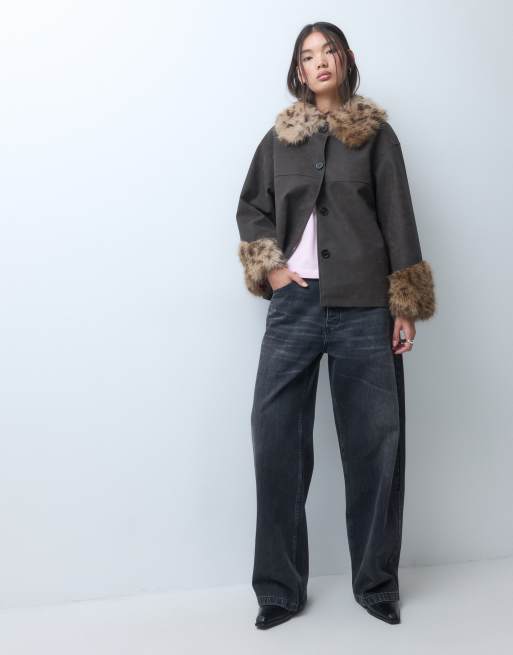 Reclaimed Vintage contrast animal faux fur distressed leather jacket, 2 of 5