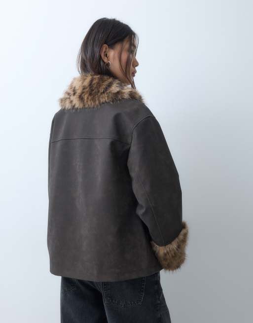 Reclaimed Vintage contrast animal faux fur distressed leather jacket, 3 of 5