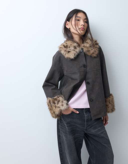 Reclaimed Vintage contrast animal faux fur distressed leather jacket, 4 of 5