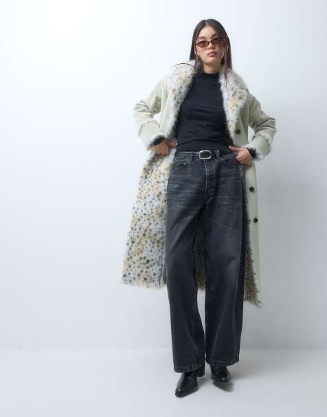 Reclaimed Vintage contrast animal faux fur longline coat in white - view 1