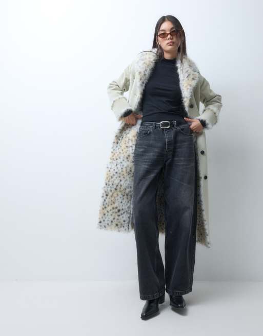 Reclaimed Vintage contrast animal faux fur longline coat in white, 1 of 5