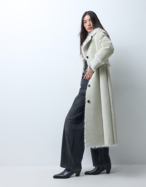 Reclaimed Vintage contrast animal faux fur longline coat in white, 3 of 5