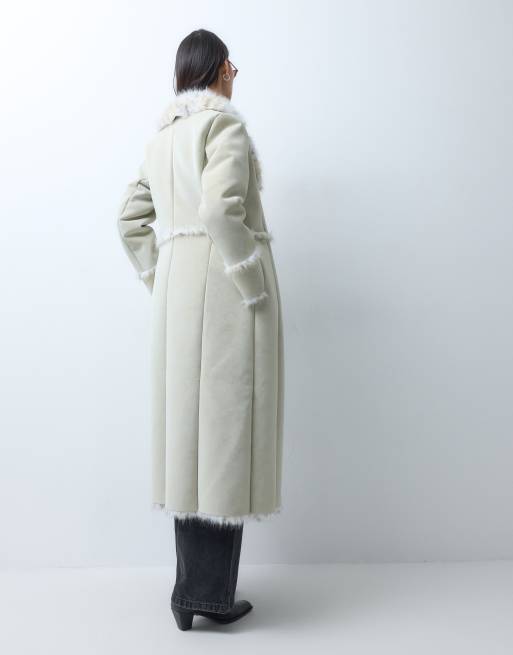Reclaimed Vintage contrast animal faux fur longline coat in white, 5 of 5