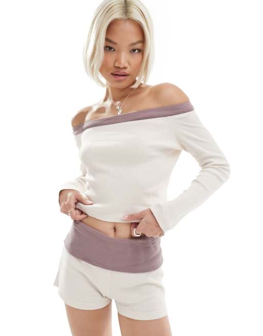 Reclaimed Vintage contrast bardot top in cream (part of a set)