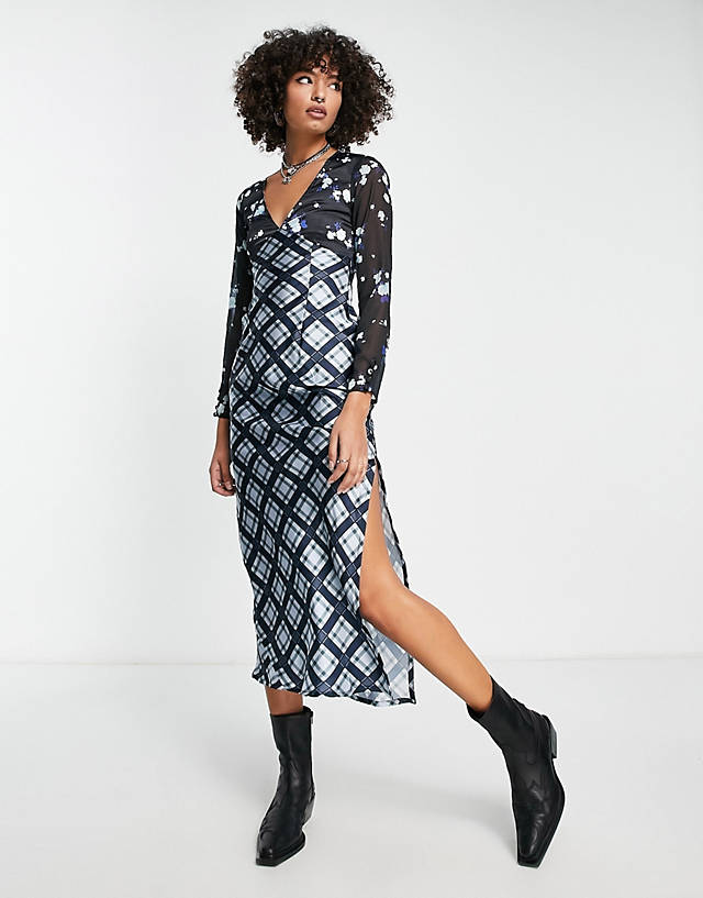Reclaimed Vintage - contrast check and floral long sleeve midi dress in blue