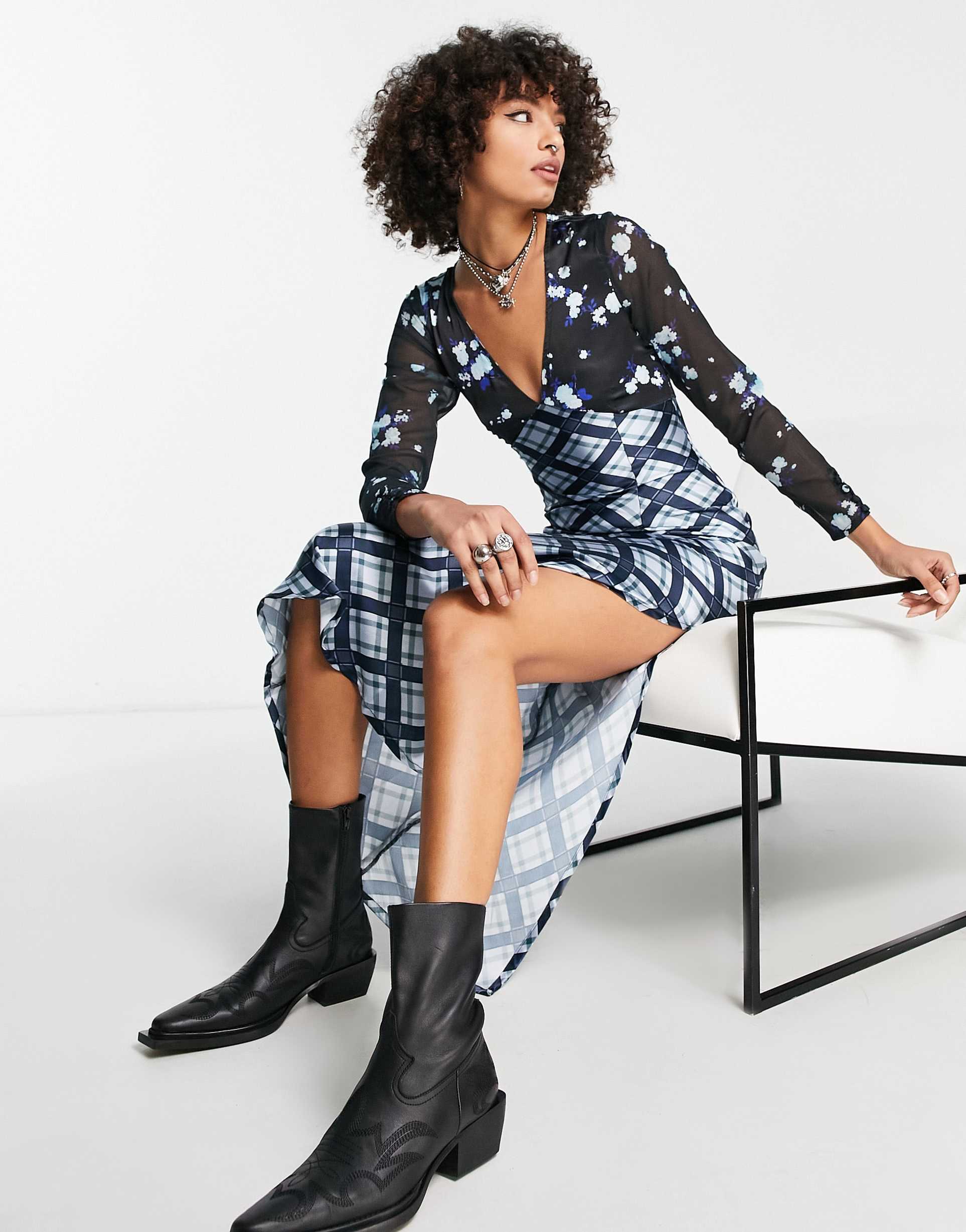 Reclaimed Vintage contrast check and floral long sleeve midi dress in blue