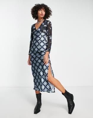 Reclaimed Vintage contrast plaid and floral long sleeve midi dress in blue