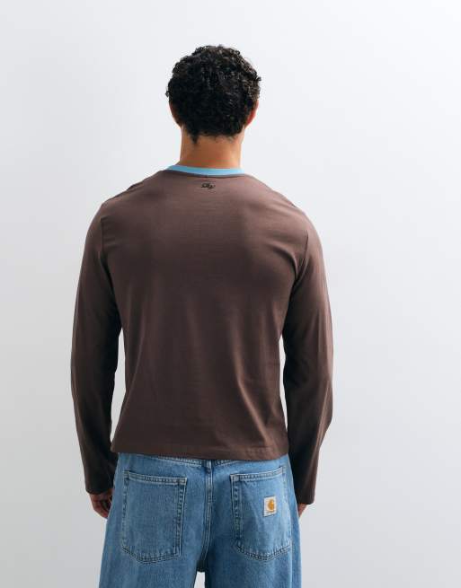 Reclaimed Vintage contrast ringer long sleeve tee in brown, 3 of 5