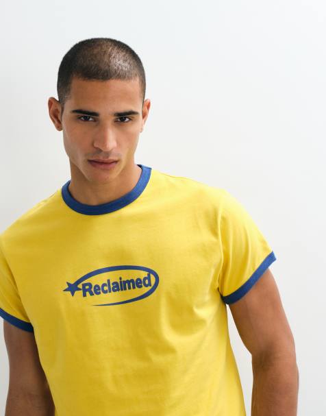 Reclaimed Vintage contrast ringer slogan t-shirt in yellow - view 1