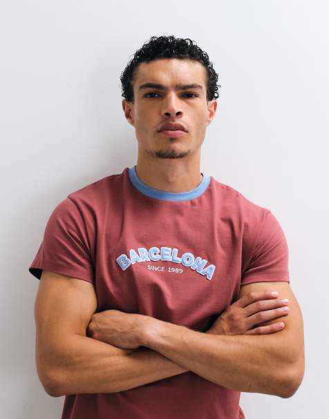 Reclaimed Vintage contrast ringer t-shirt with embroidered barcelona slogan in burgundy - view 1