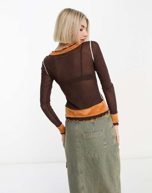 Reclaimed Vintage contrast stitch mesh long sleeve top in brown, 2 of 4