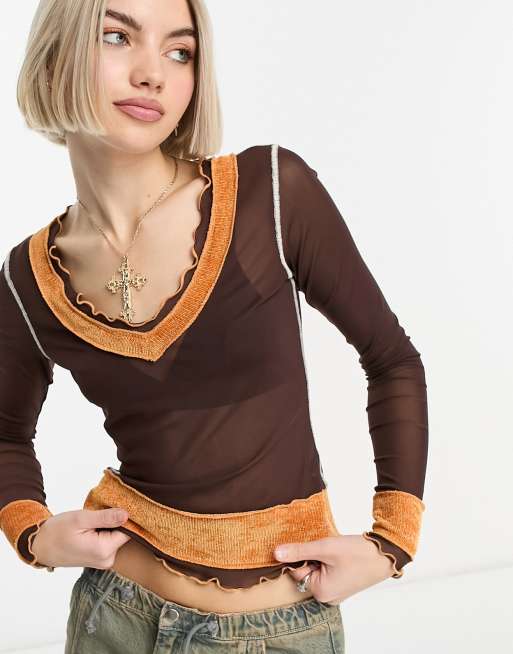 Reclaimed Vintage contrast stitch mesh long sleeve top in brown, 4 of 4