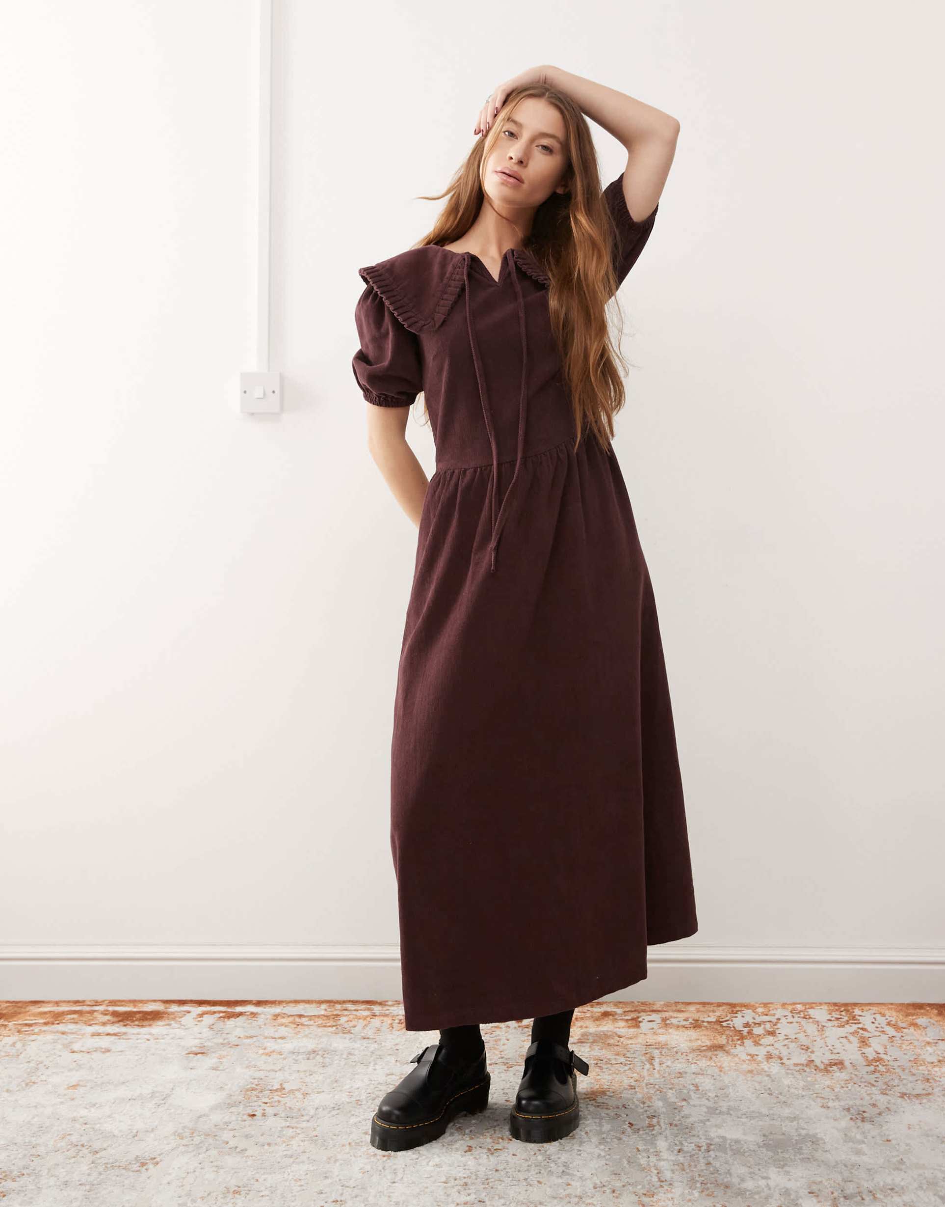 reclaimed vintage cord collar detail midi dress in plum