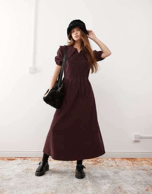 Reclaimed Vintage Cord Collar Detail Midi Dress in plum Brown