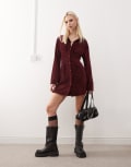 [Reclaimed Vintage] Reclaimed Vintage cord mini shirt dress in burgundy-Red XS Burgundy