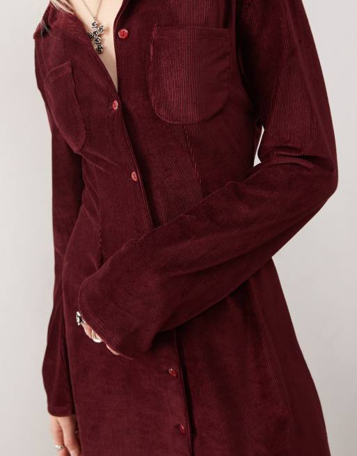 Reclaimed Vintage cord mini shirt dress in burgundy ASOS