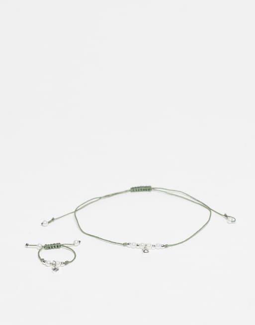Reclaimed Vintage cord puller bracelet and ring set in light green