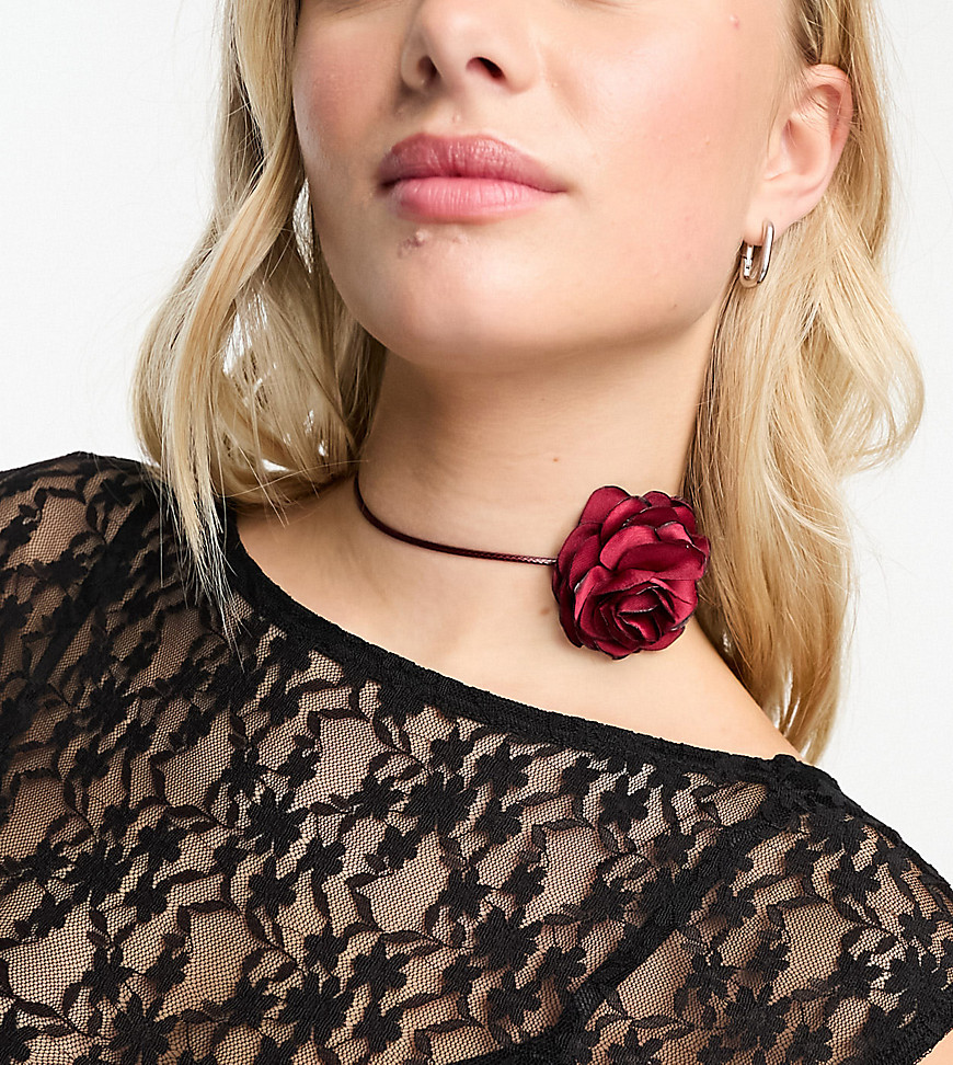 Reclaimed Vintage corsage flower choker necklace in dark red