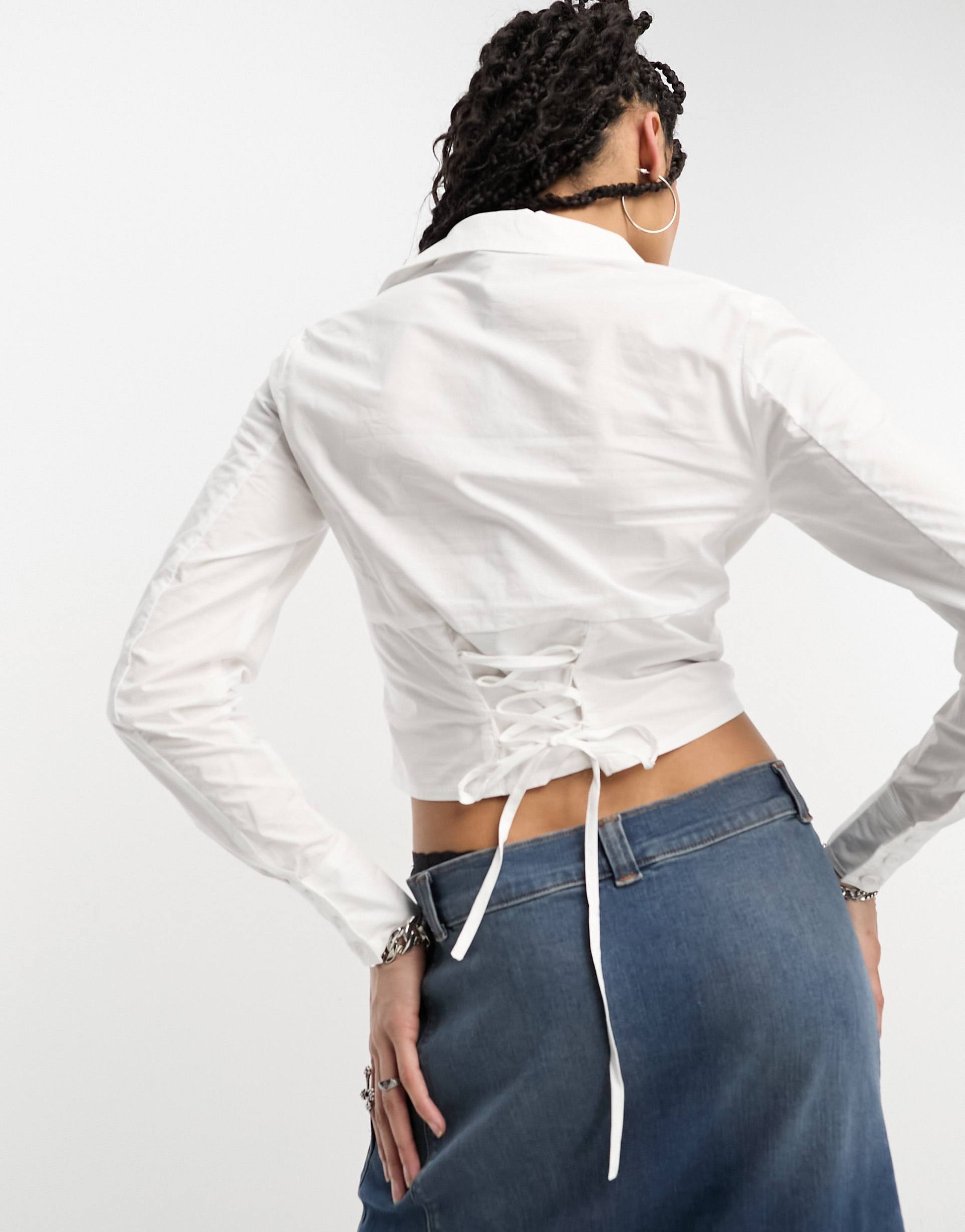 Reclaimed Vintage corset shirt with ruching and lace up detail view 4
