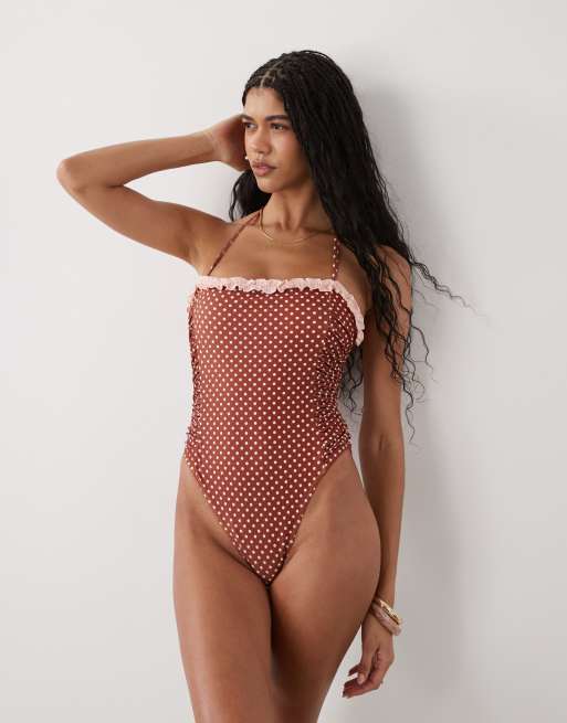 Reclaimed Vintage - Costume da bagno a pois rosa e marrone con pannelli laterali arricciati, 1 di 4