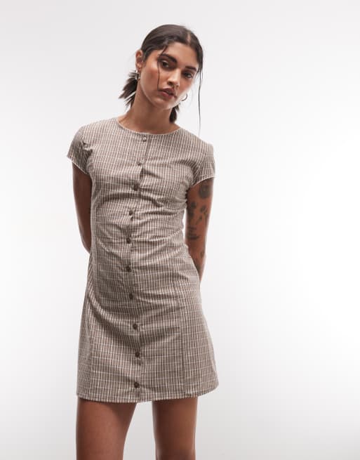 Reclaimed Vintage cotton button through mini dress in brown check, 2 of 4