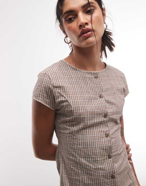 Reclaimed Vintage cotton button through mini dress in brown check, 4 of 4