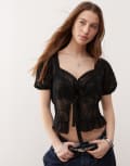 [Reclaimed Vintage] Reclaimed Vintage cotton lace insert tie front blouse in black M Black