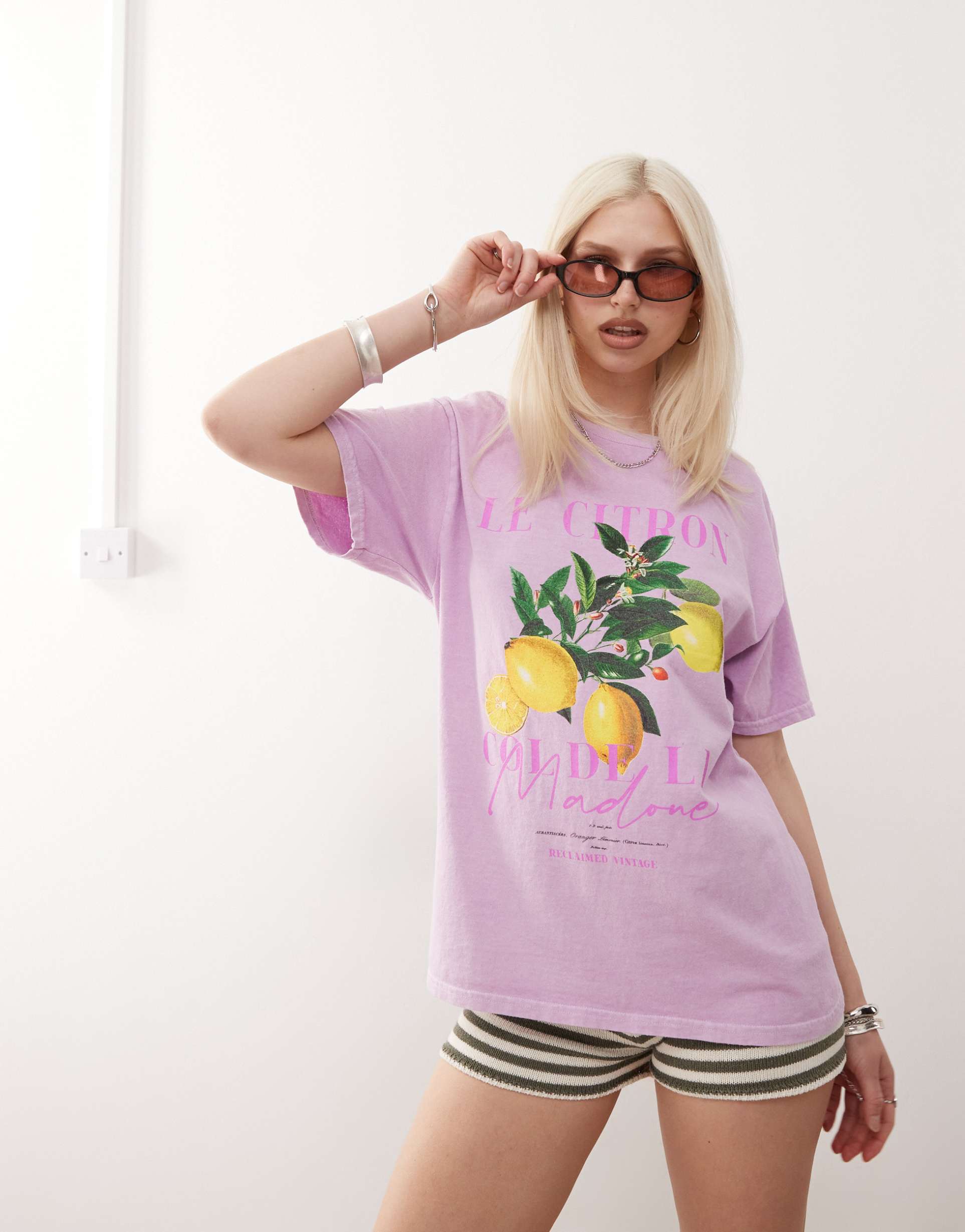 reclaimed vintage cotton oversized t-shirt with lemon print in washed pink