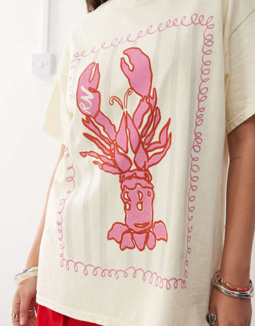 Reclaimed Vintage cotton oversized t-shirt with lobster print in washed yellow, 2 of 4