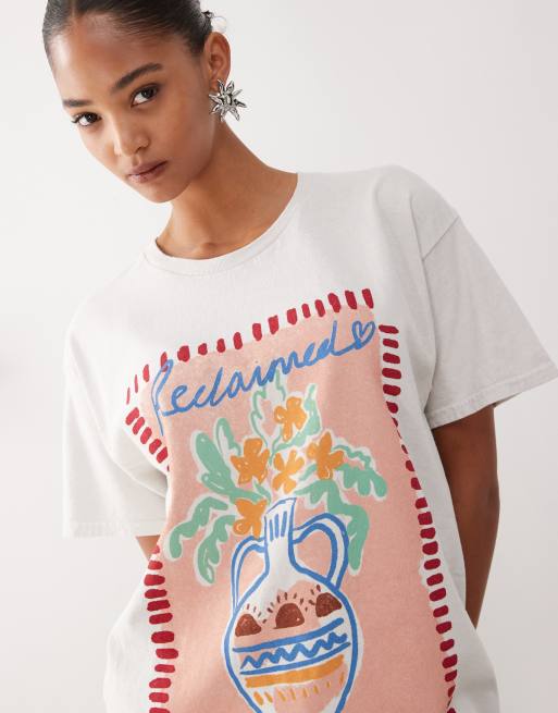 Reclaimed Vintage cotton oversized t-shirt with vase art print in ecru 
