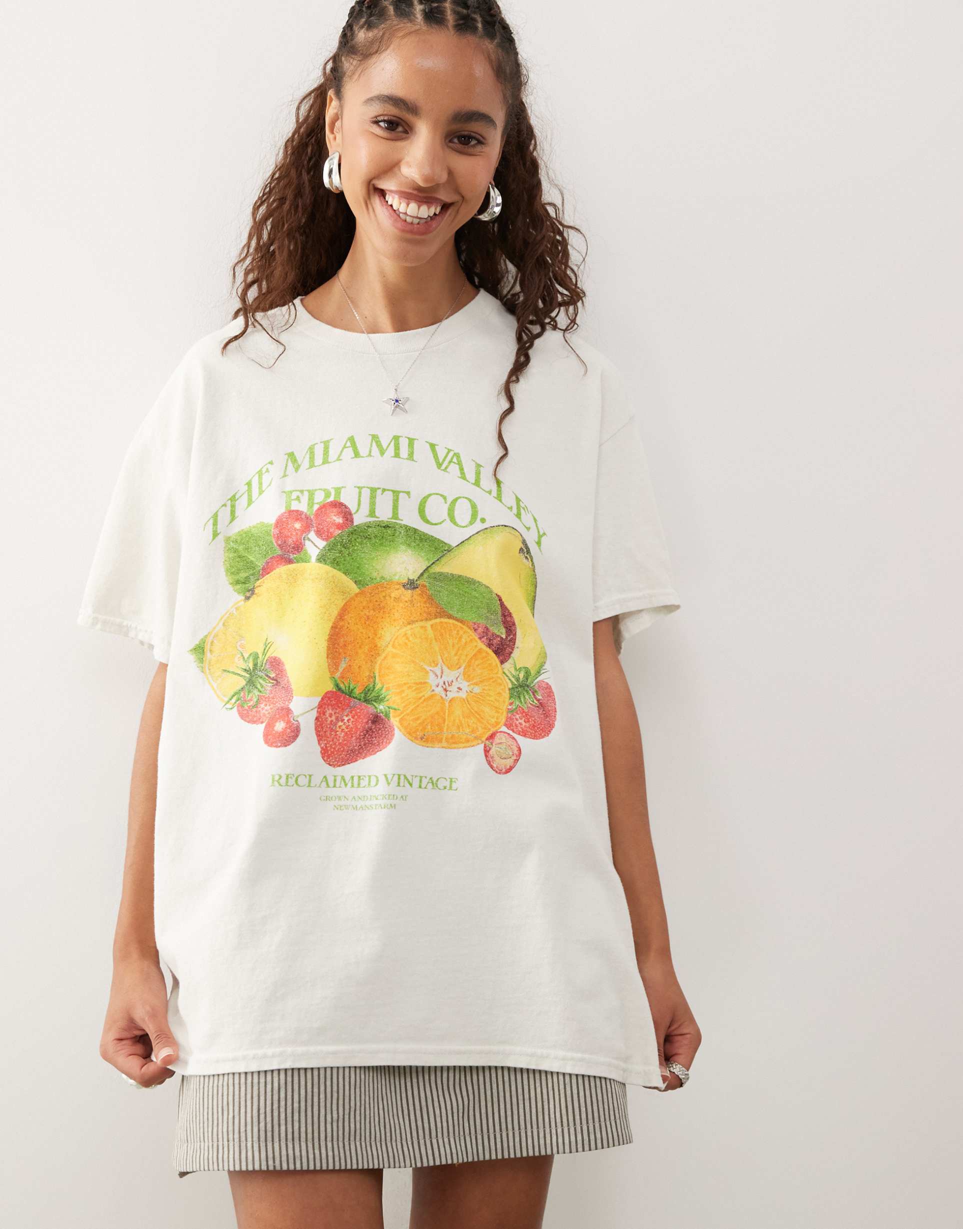 reclaimed vintage cotton oversized t-shirt with vintage fruit print in ecru