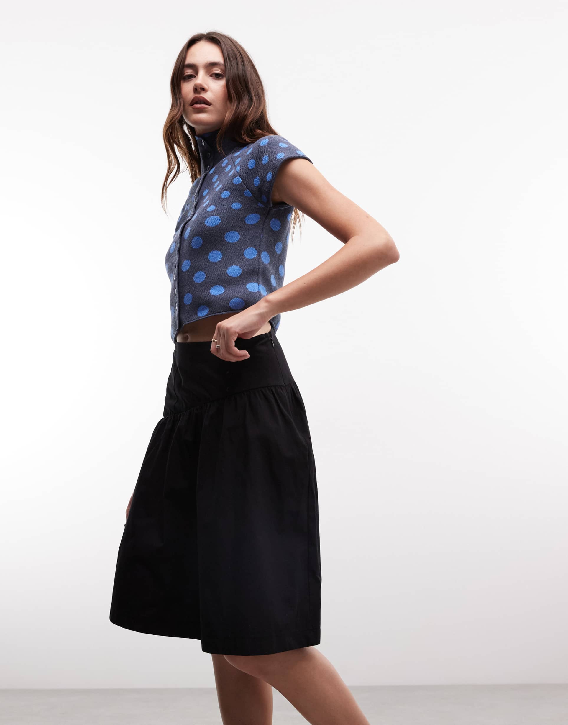 reclaimed vintage cotton poplin awkward length skirt in black