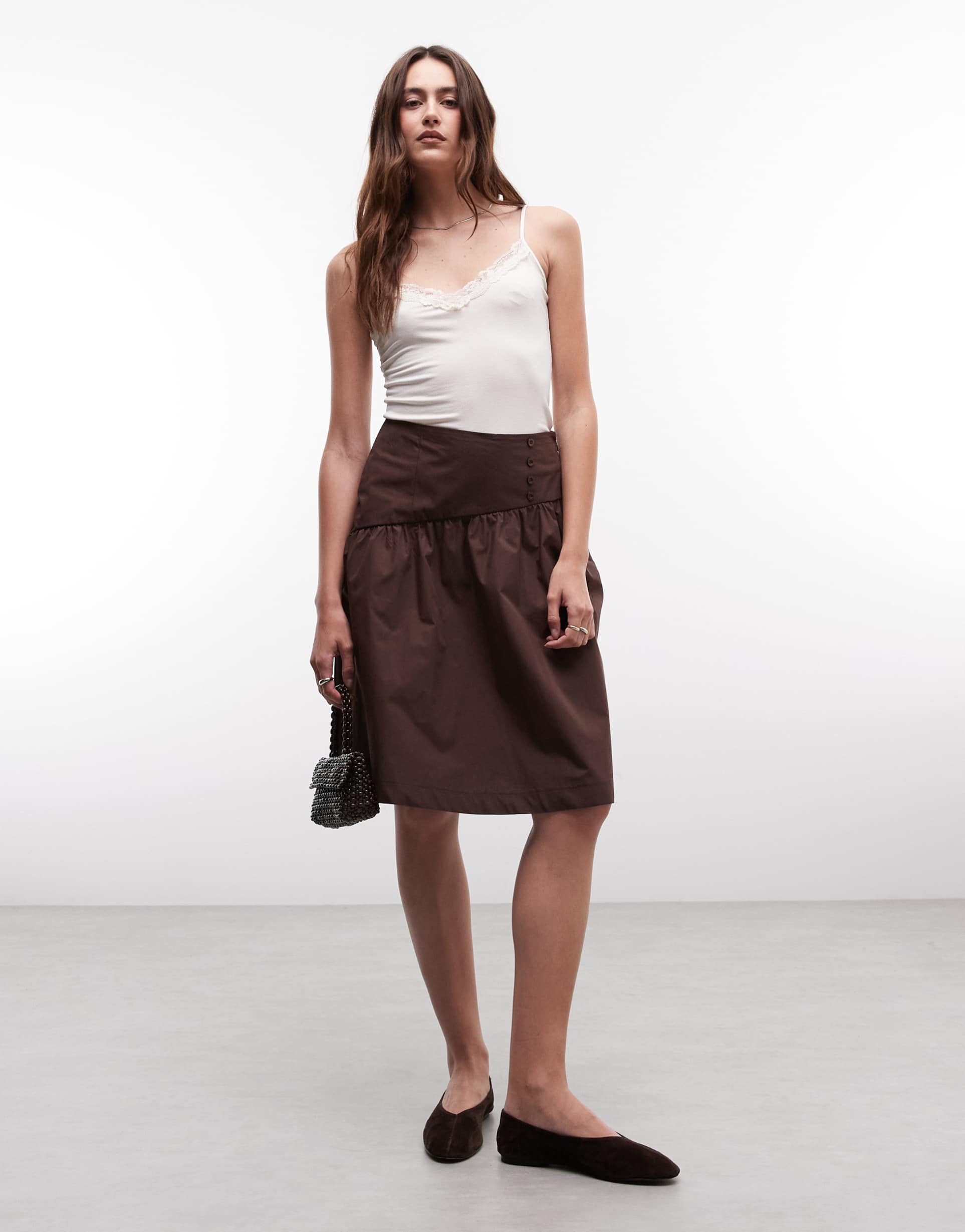 reclaimed vintage cotton poplin awkward length skirt in brown