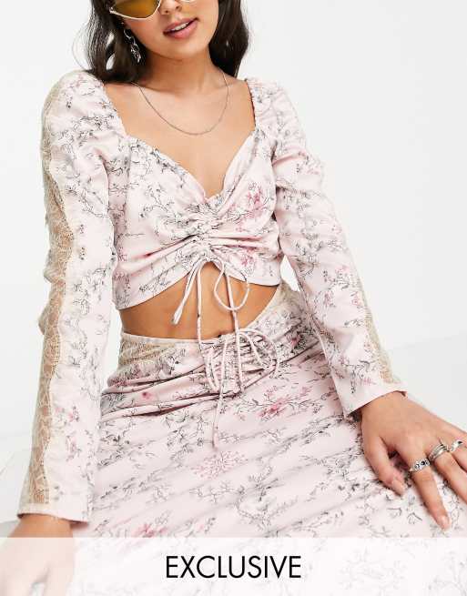 Reclaimed Vintage couture satin crop top set in pink floral print with lace inserts and ruched detail
