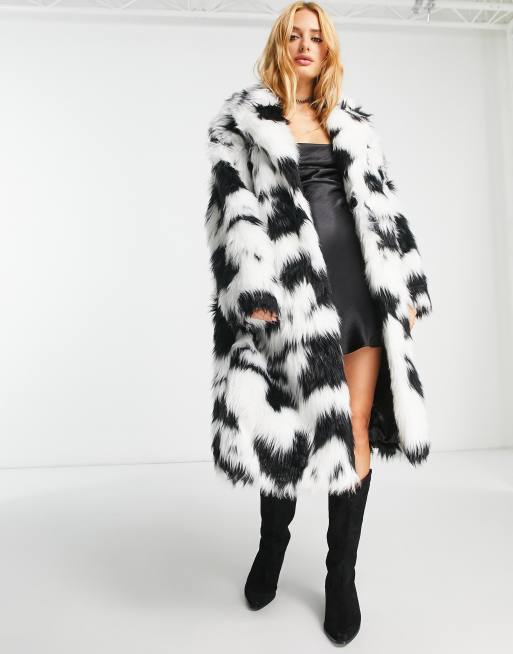 Reclaimed Vintage cow print faux fur coat in white, 3 of 4
