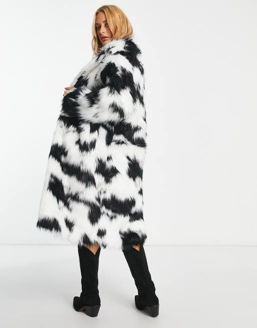 Reclaimed Vintage cow print faux fur coat in white