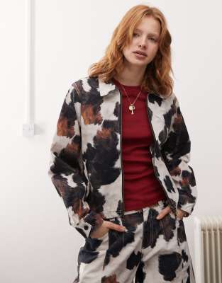 RECLAIMED VINTAGE COW PRINT ZIP UP JACKET - PART OF A SET-BROWN