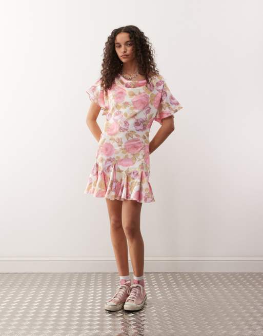 Reclaimed Vintage cowl neck mini dress with dropped waist detail in Vintage floral-Multi