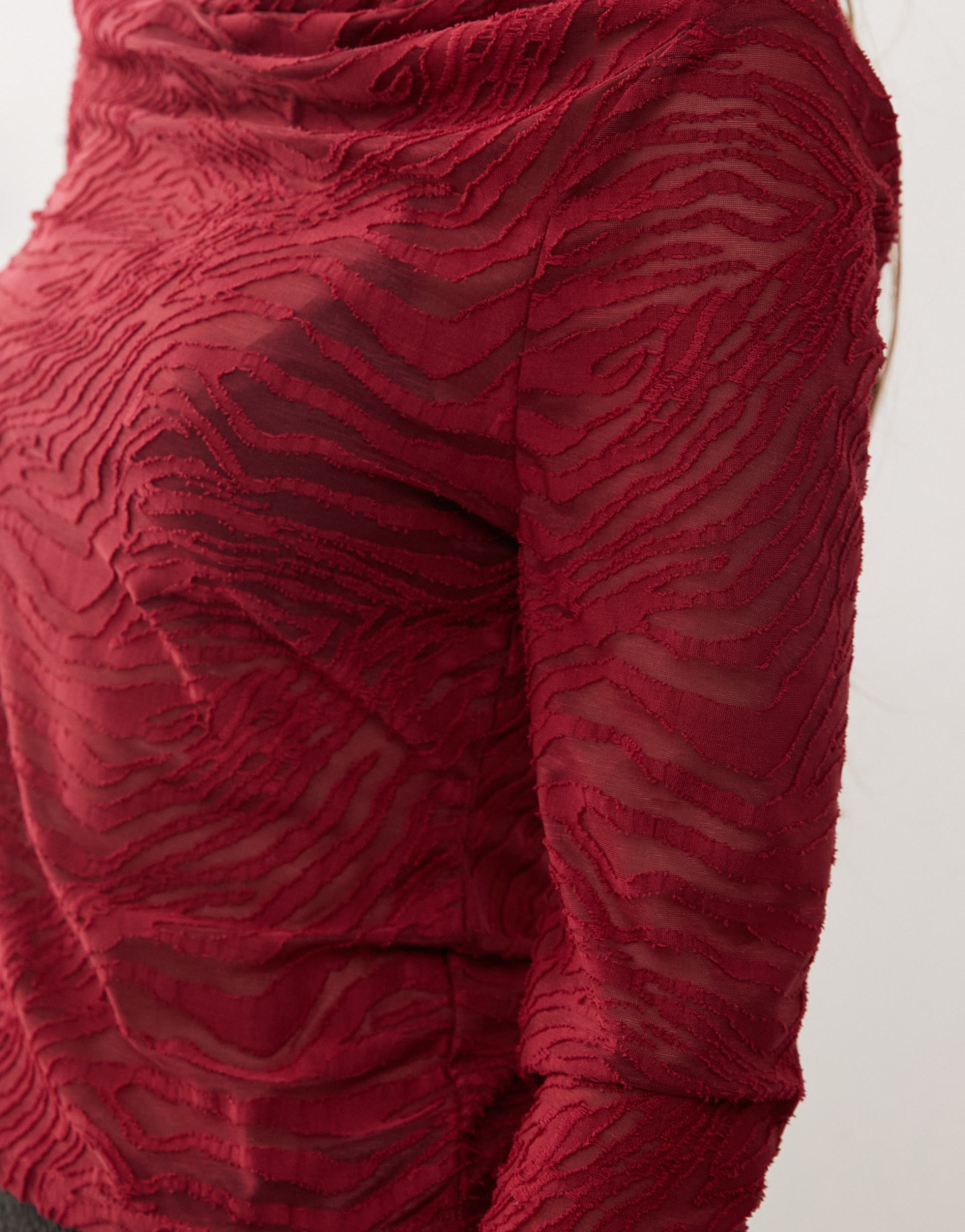 reclaimed vintage cowl neck top in burgundy animal mesh