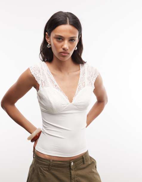 Reclaimed Vintage cream lace and jersey mix vest top - view 1
